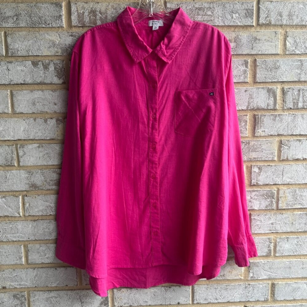 Crown & Ivy Long Sleeve Button Front Collared Pink Linen Blend Shirt Size XL.